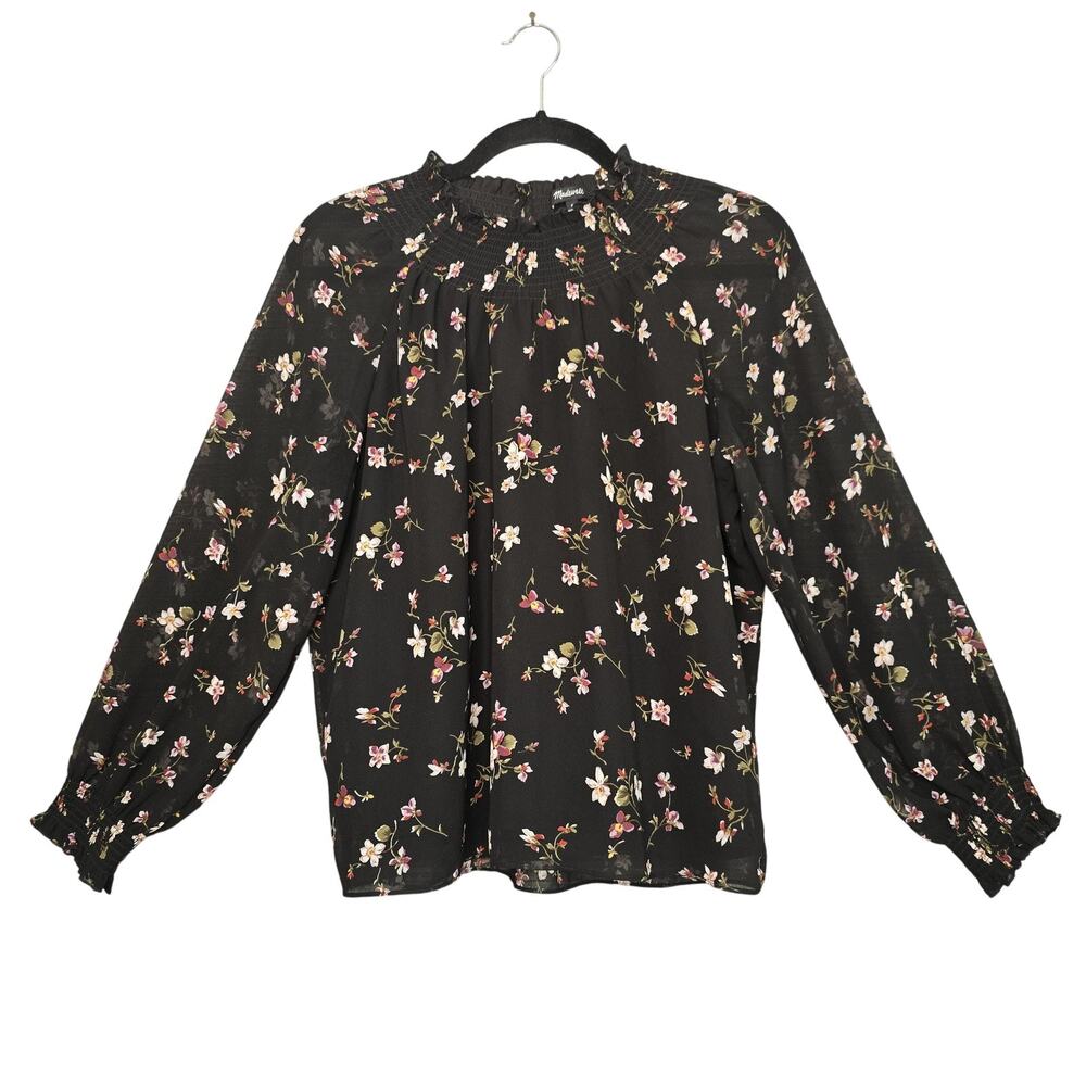 Madewell Top Womens Small Black Floral Long Sleeve Smocked Ruffle Coquette Boho